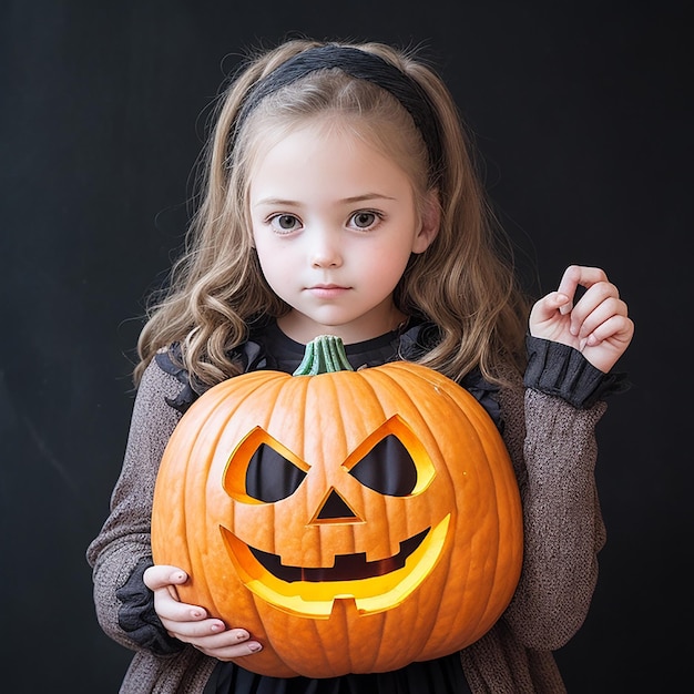 Une fille avec une citrouille d'Halloween devant sa main générée par l'IA