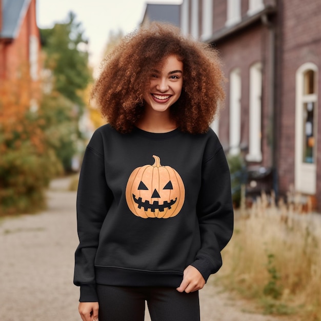 une fille avec une citrouille sur son pull