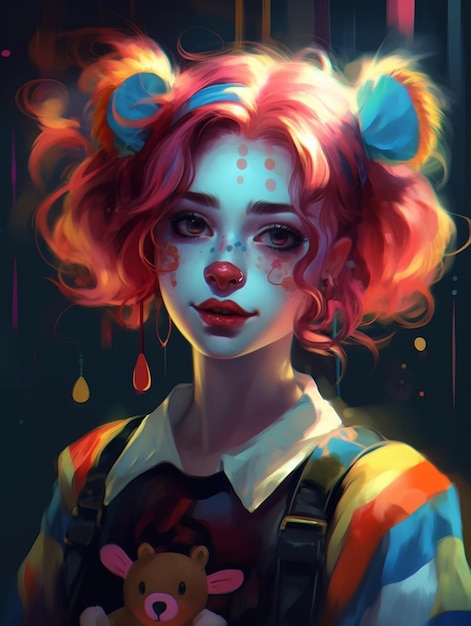 Une fille clown avec du maquillage de clown et du maquillages de clown tenant un ours en peluche.