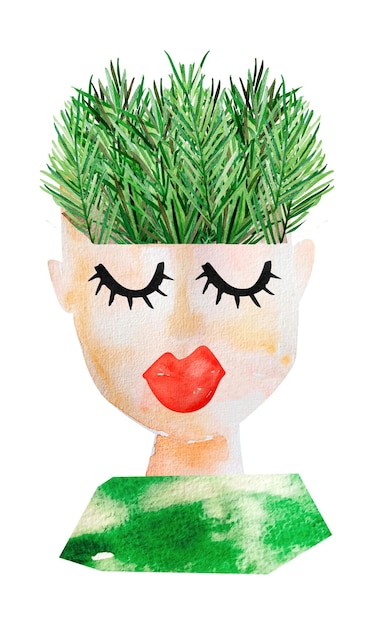 Fille avec coiffure de branches de sapin et illustration aquarelle de grandes lèvres rouges