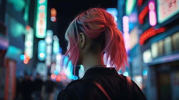 Une fille avec une coiffure mohawk se tient dans la rue la nuit