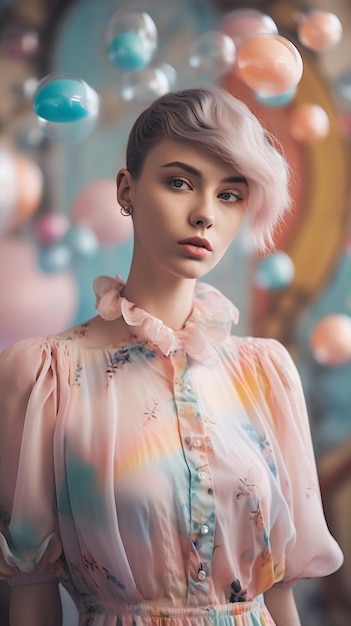 Une fille avec une coiffure rose et une chemise rose