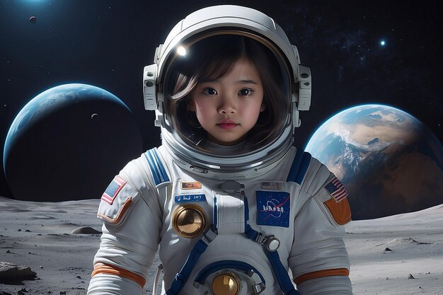 Une fille en combinaison spatiale avec une planète en arrière-plan