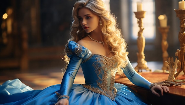 Une fille comme une princesse Cheveux blonds Dans une robe de princesse bleue