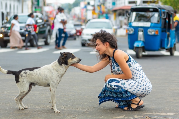 La fille communique avec un chien errant dans la rue. Caresser le chien.