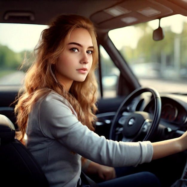 une fille conduit une voiture avec une coupe de cheveux rouge