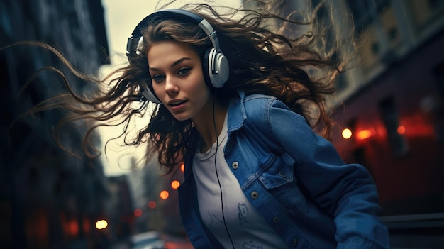 Photo une fille cool écoutant de la musique avec des écouteurs et dansant dans la rue.