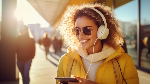 Photo une fille cool écoutant de la musique avec des écouteurs et dansant dans la rue.