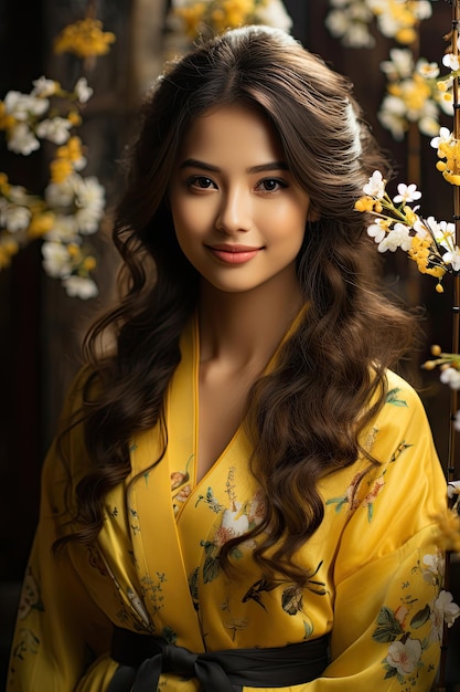 Une fille coréenne portant un hanbok portant une belle femme portant un hanbuk coréen traditionnel avec des cerisiers en fleurs au printemps à Séoul, en Corée