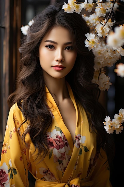 Une fille coréenne portant un hanbok portant une belle femme portant un hanbuk coréen traditionnel avec des cerisiers en fleurs au printemps à Séoul, en Corée