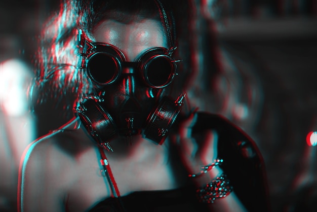 Fille en costume cyberpunk avec lunettes et masque à gaz cosplays un personnage du futur jeu informatique cyborg Concept de réalité virtuelle 3d noir et blanc avec effet glitch