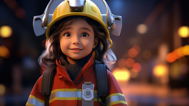 une fille en costume de pompier avec un chapeau de pomprier.