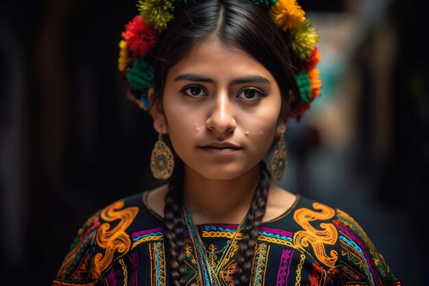 Une fille en costume traditionnel avec des fleurs sur la tête chiapaneca