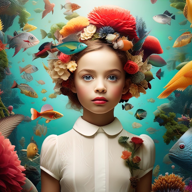 une fille avec une couronne de fleurs entourée de poissons