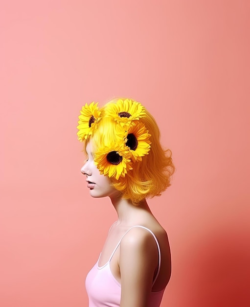 fille avec couronne de fleurs sur fond rose