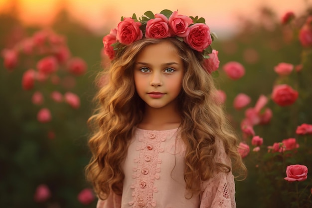 Une fille avec une couronne de fleurs en rose