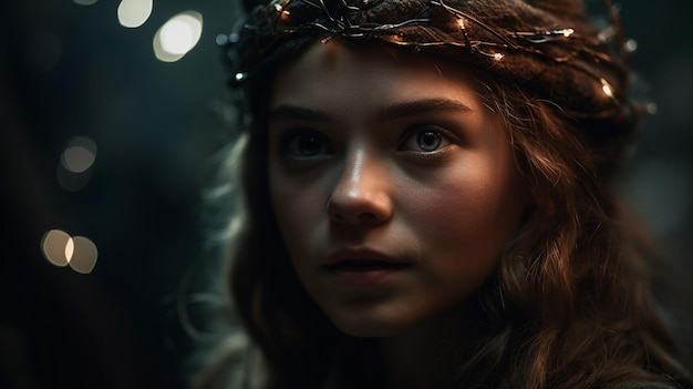 Une fille avec une couronne sur la tête se tient dans une pièce sombre.