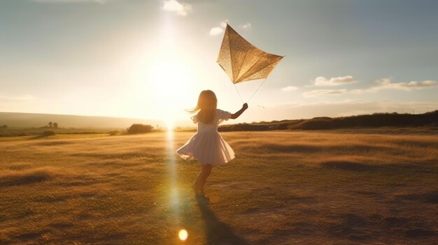 Une fille court avec un cerf-volant dans les airs.