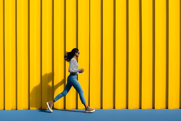 une fille court contre un mur jaune et bleu vif