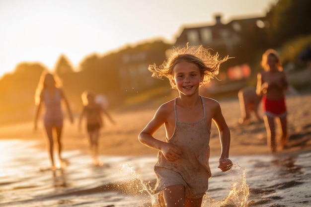 Une fille court dans l'eau à la plage