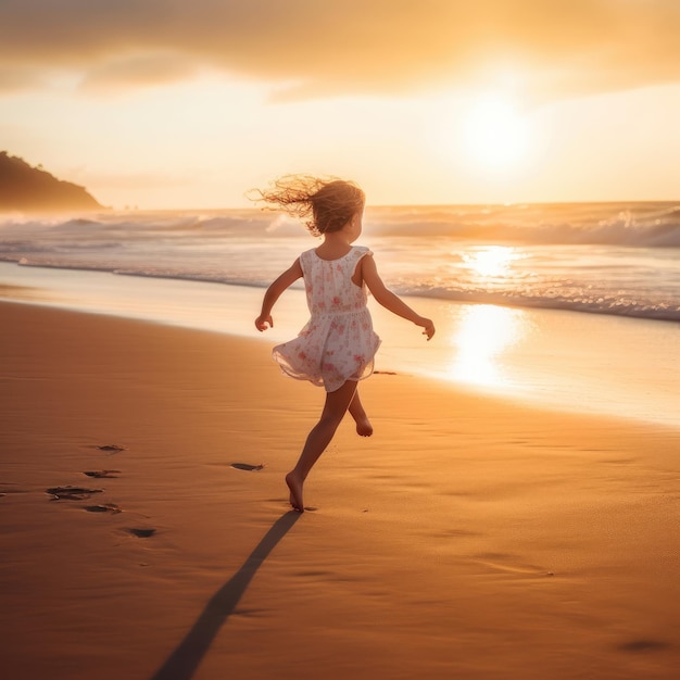 Une fille court sur la plage au coucher du soleil.