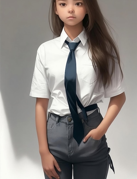 Une fille avec une cravate qui dit qu'elle porte une chemise