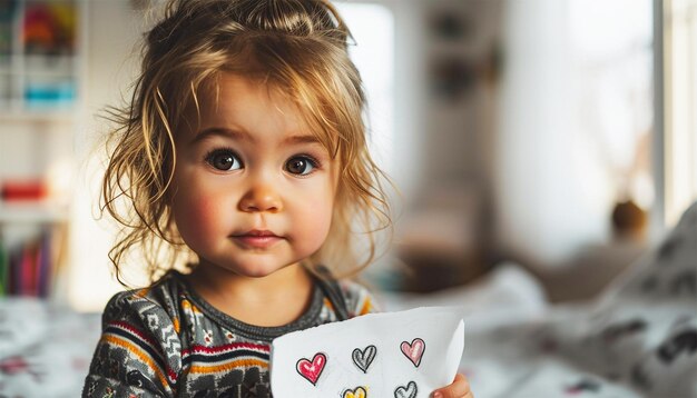 Fille créative avec dessin adorable fille d'âge préscolaire félicite maman avec l'événement de la vie