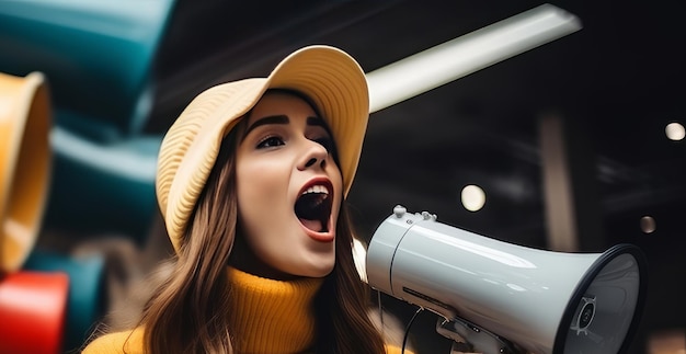 Photo une fille crie fort dans un mégaphone et annonce le début d'une vente du vendredi noir en plein air