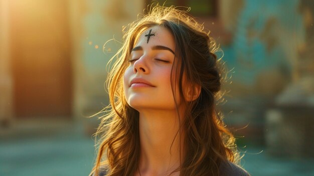 Photo fille avec une croix faite de cendre sur le front concept du mercredi des cendres