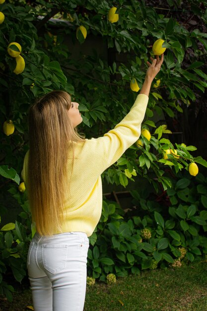 Fille cueillant des citrons dans le jardin