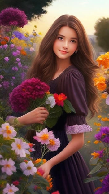Une fille cueille des fleurs avec une robe moderne mais la fille est belle