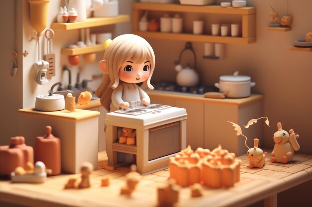 Une fille cuisinant dans la cuisine Petit rendu 3D isométrique mignon Générative AI