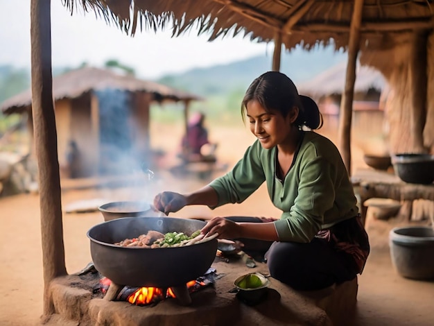 Une fille cuisine dans une petite cabane.