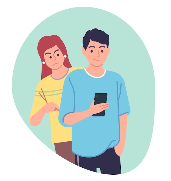 Une fille curieuse essaie de jeter un coup d'œil furtivement sur le téléphone d'un type qui utilise les médias sociaux sur son smartphone Méfiance et soupçon dans les relations d'espionnage d'information dessin animé concept de vecteur isolé plat