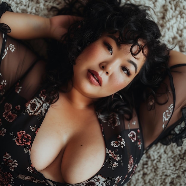 Une fille curly asiatique de taille plus allongée sur le lit.