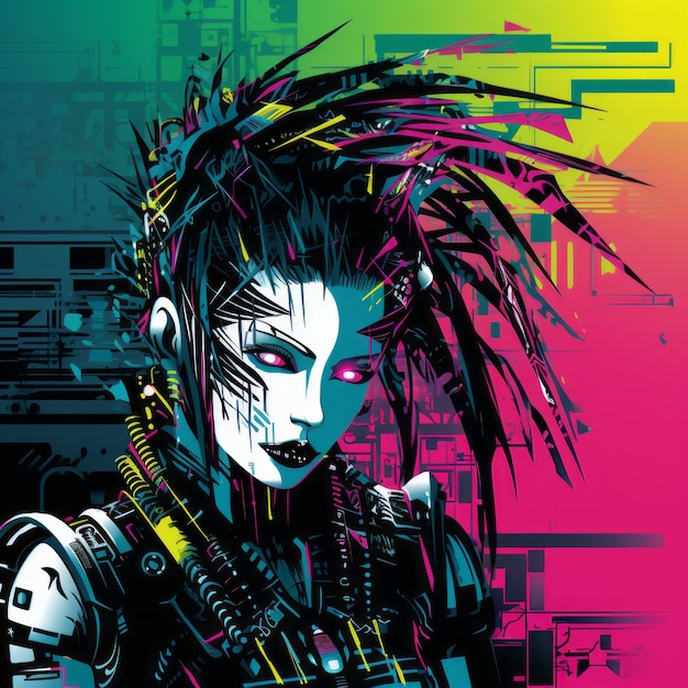 fille cyberpunk avec des cheveux de style cyberpunk sur un fond coloré