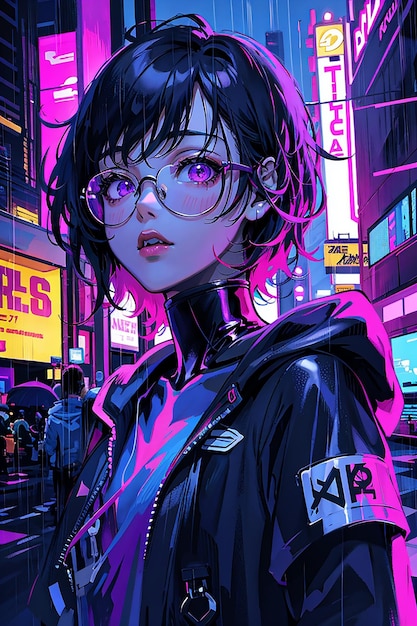 Photo une fille cyberpunk dans le style d'anime sci-fi. arrière-plan futuriste.