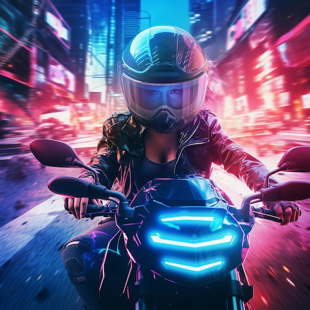 Photo fille cyberpunk sur fond de ville néon flou moto