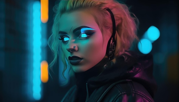 Fille cyberpunk vivant dans une ville néon Generative Ai