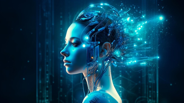 Une fille cyborg numérique avec une carte de circuit numérique