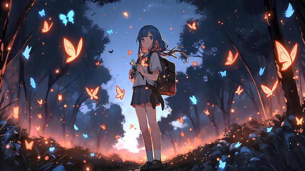 Fille dans la belle forêt de nuit d'automne avec des arbres et des papillons style anime
