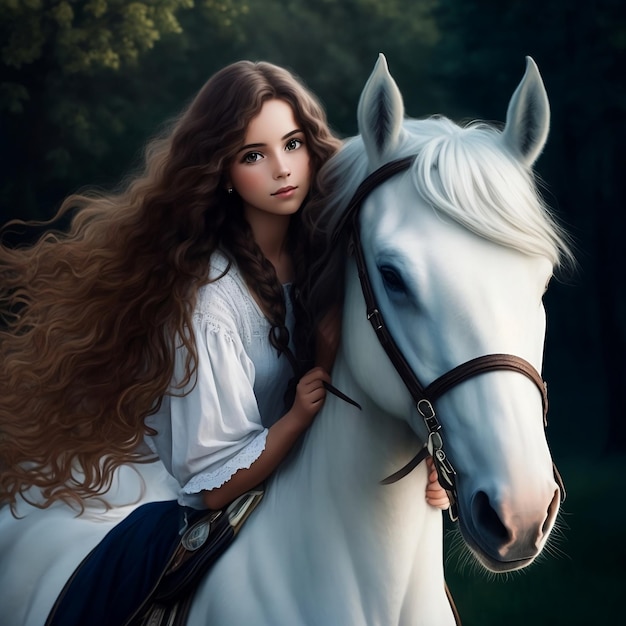 Fille dans une belle robe longue avec un cheval