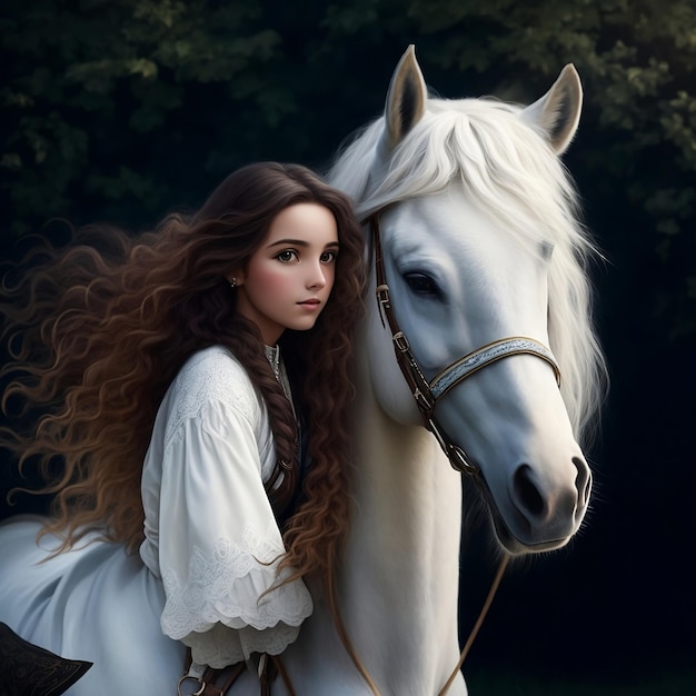 Photo fille dans une belle robe longue avec un cheval