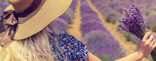 Fille dans un champ fleuri de lavande.