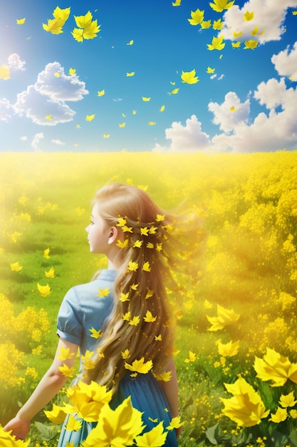 Une fille dans un champ de fleurs jaunes