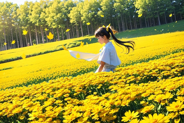 fille dans un champ de fleurs avec un papillon