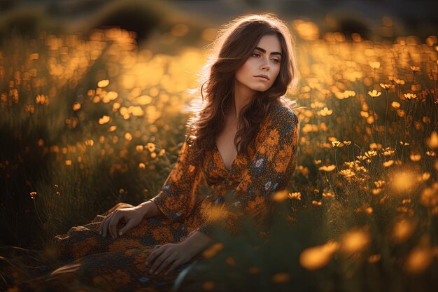 une fille dans un champ de fleurs