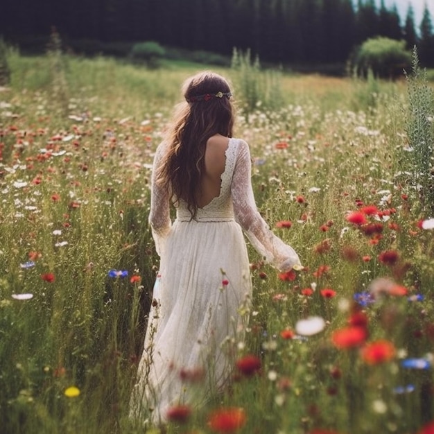 Une fille dans un champ de fleurs.