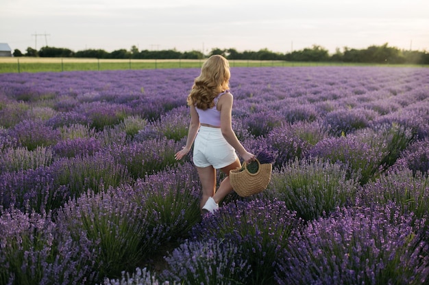 Fille dans un champ de lavande Femme dans un champ de fleurs de lavande au coucher du soleil dans une robe blanche France Provence