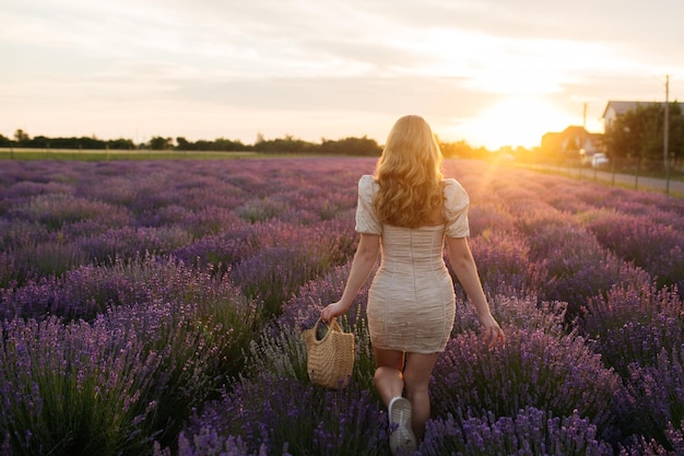 Fille dans un champ de lavande Femme dans un champ de fleurs de lavande au coucher du soleil dans une robe blanche France Provence